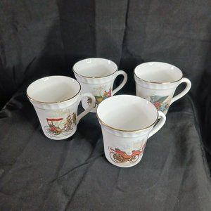 Staffordshire Tea Cups LOT of 4 with Antique Cars Victorian People and Gold Gild